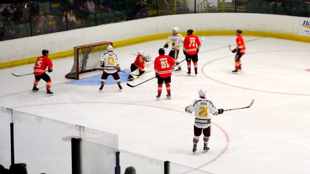 The Warriors put pressure on Billingham's net. Photo by Pyro-Media.