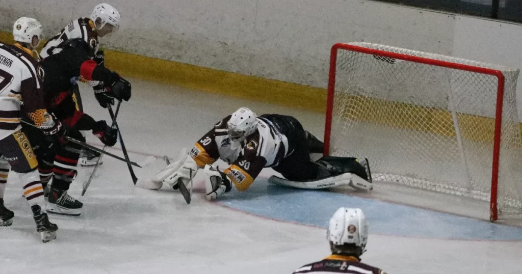 Netminder Tom Brown leaps into action