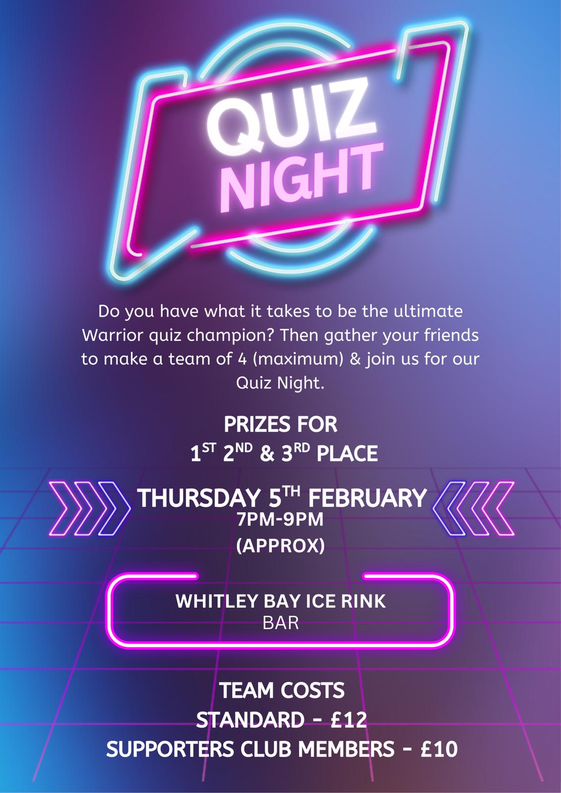 Whitley Warriors Quiz Night 2026 - Thursday 5th February @Whitley Bay Ice Rink bar